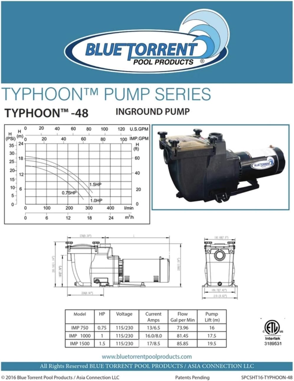 Blue Torrent Typhoon 1 HP 56 Frame In-Ground Pool Pump – Energy-Efficient Single-Speed Performance